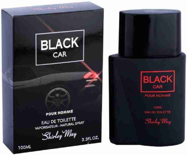 A sleek black bottle of Black Car Unisex Perfume (100ml) beside its matching black packaging, featuring red and white branding details on a wooden surface with a softly blurred background